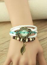 New Retro Vintage Fashion Women Jewelry Genuine Leather Band Leaf Pendant Bracelet Watch Wristwatches Quartz Stainless