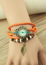 New Retro Vintage Fashion Women Jewelry Genuine Leather Band Leaf Pendant Bracelet Watch Wristwatches Quartz Stainless