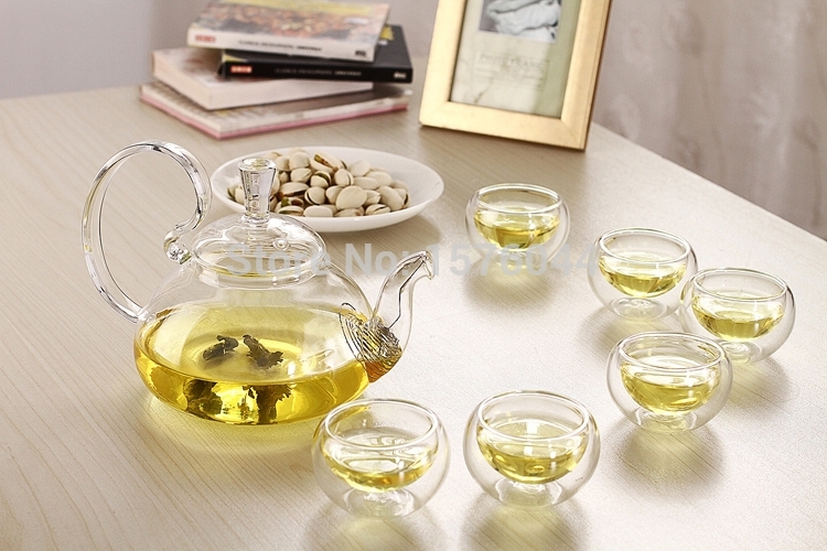 2015 hot selling 7pcs set high temperature resistant glass teapot 1pc 600ml teapot 6pcs 50ml glass