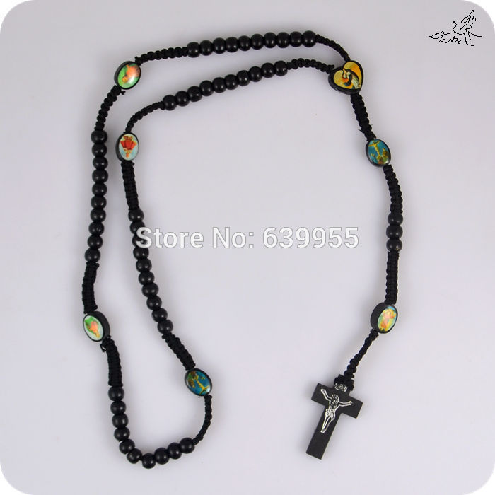 Holy Icon Wooden Rosary Beads Necklace Jesus Cross Pendant Necklaces Wood Catholic Fashion Religious Jewelry Free
