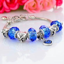 New Arrival Silver Plated 19cm 3cm Snake Chain Clear Bule Owl Beads Lovely Heart Pentent Strand