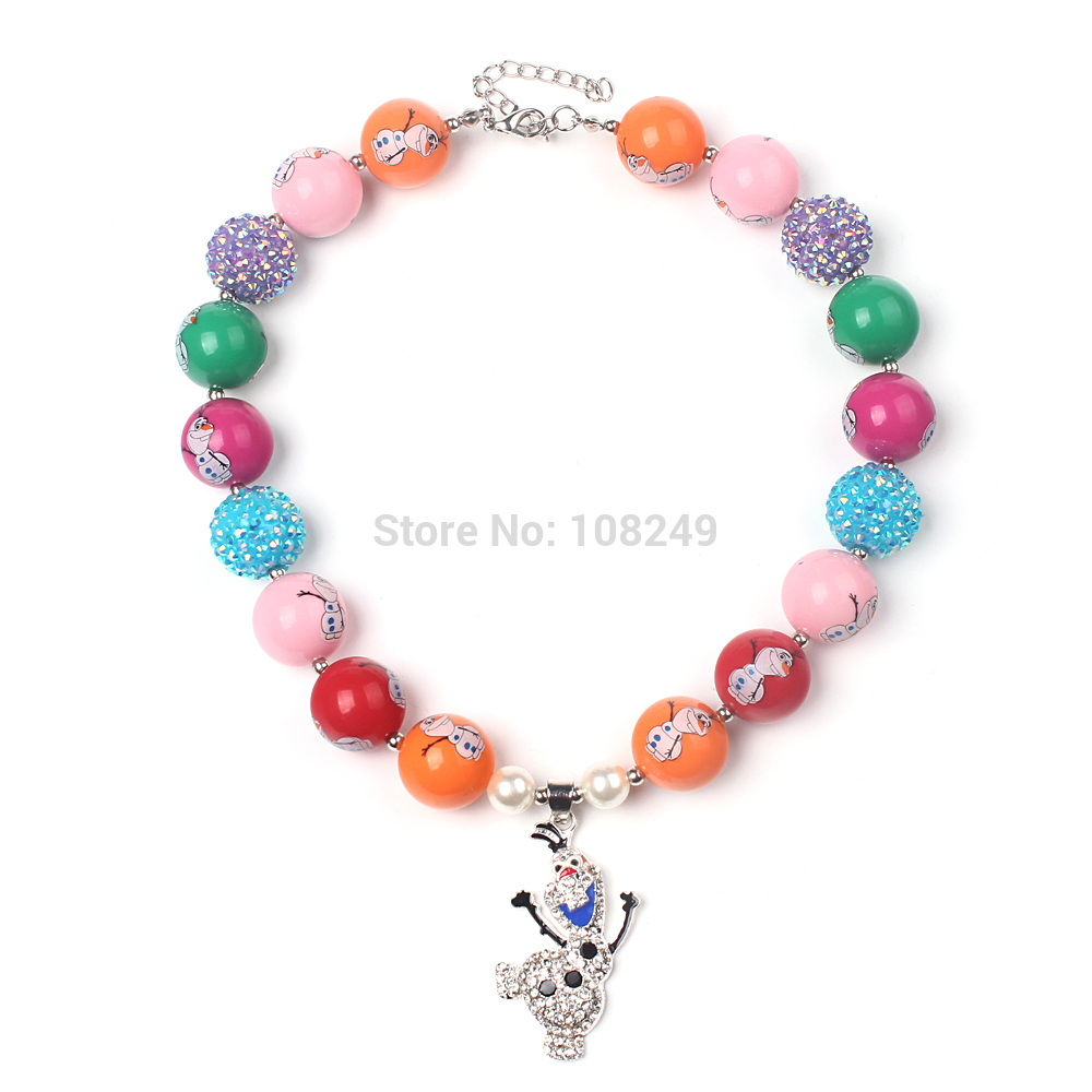 5pcs lot New Girls Colorful Olaf Chunky Beads Necklace Children Rhinestone Snowman Pendant Bubblegum Necklace Kids