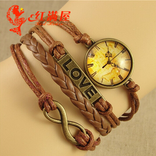 Handmade Bracelet Clock Love Leather Bangle Fashion Antique Charms bracelet Pulseras 2015 New
