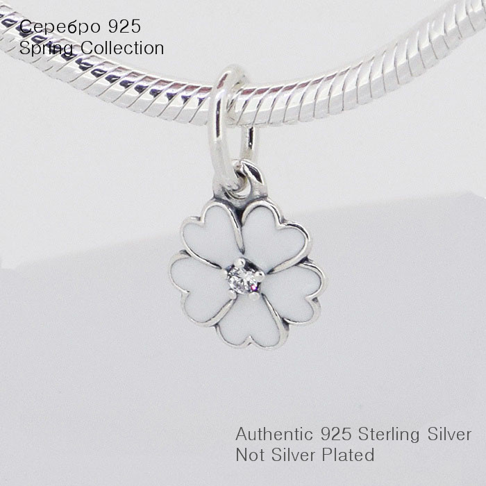 Fits Pandora Charms Bracelet 925 Sterling Silver Bead Primrose Silver Charms with White Enamel Women DIY