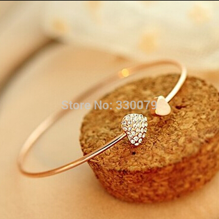SL043 Hot New Style Fashion Love With Heart Shaped Crystal Bracelet Womens Bangle Double Opening Accessories