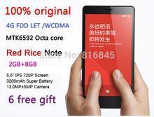 6 free gift 4G LTE 100% original Xiaomi Redmi Note dual sim mtk6592 octa core hongmi red rice Note 5.5″ IPS 2G RAM 8G ROM 13MP