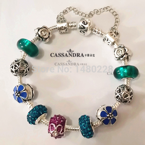 European style charm Green flower Glass beads Fit pandora style Bracelet for women Fashion charm beads