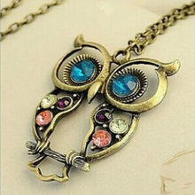 fashion  lovely vintage Colorful Cute bronze Rhinestone owl Carved Hollow Chain Necklaces Statement jewelry for women Wholesales