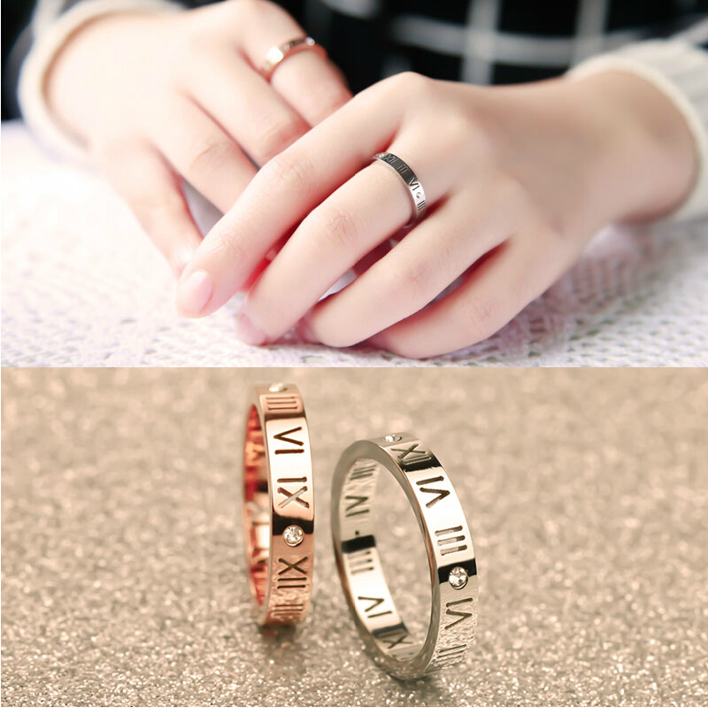 2015 Fashion Hollow out Roman numerals Titanium steel zircon rings rose gold ring couples ring The