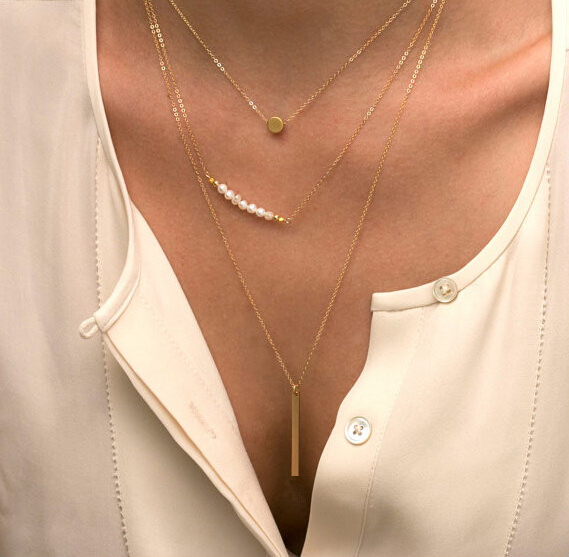 2014 Hot New Fashion Wholesale Gold Plated Casual Peal Chain Multi Layer Choke Necklace Pendants Gifts