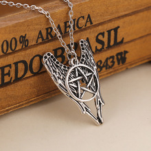 Antique Silver Necklace Supernatural Pentagram Necklace Castiel Wings Angel Wicca US SELLER Movie Jewelry