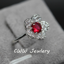 2015 New Trendy CZ Diamond Jewelry White Gold Plated Big Ruby Red Stone Crystal Flower Finger Rings For Women R064