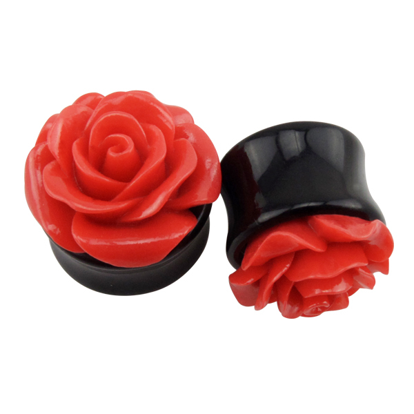 PAIR Hot sale Red Rose Flower Flesh Ear Plugs And Tunnels Acrylic Rose Design Ear Plugs,ear gauge plug flesh tunnel 6mm-25mm