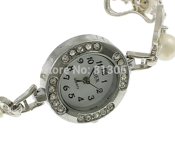 Free shipping Women Watch Bracelet Vintage Jewelry Brass with pearl Flat Round plated with rhinestone nickel