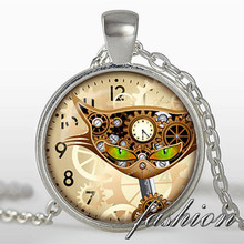 New 2015 Steampunk cat pendant Steampunk clock Necklace Silver plated pendant Steampunk Jewelry black brown white