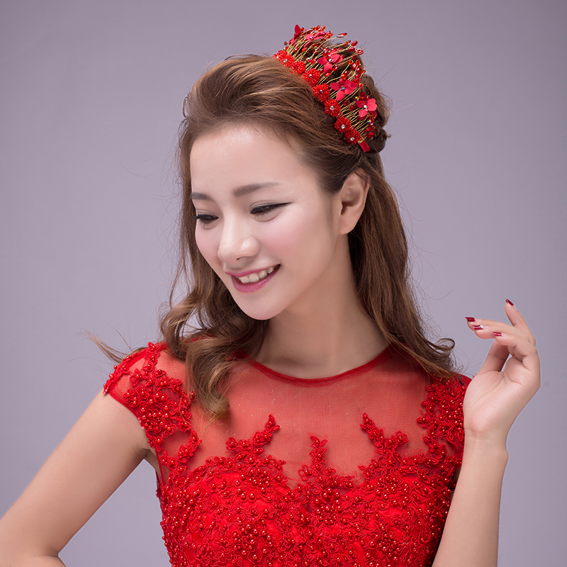 2015 Red Rhinestone Bride Hair Accessory Crown Flower Gold Chinese Style Marriage Headband Jewelry Accessories
