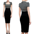 2015 New Houndstooth Design Patchwork Slim OL Vestidos Pencil Women Strapless Dress Office Work Sexy Elegant