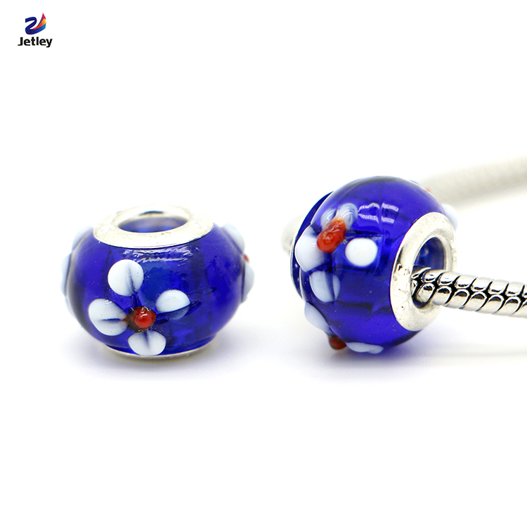 1Pc Free Shipping Blue Beads White 3D Flowers Classic Glass Bead European Beads Fit Pandora Charm