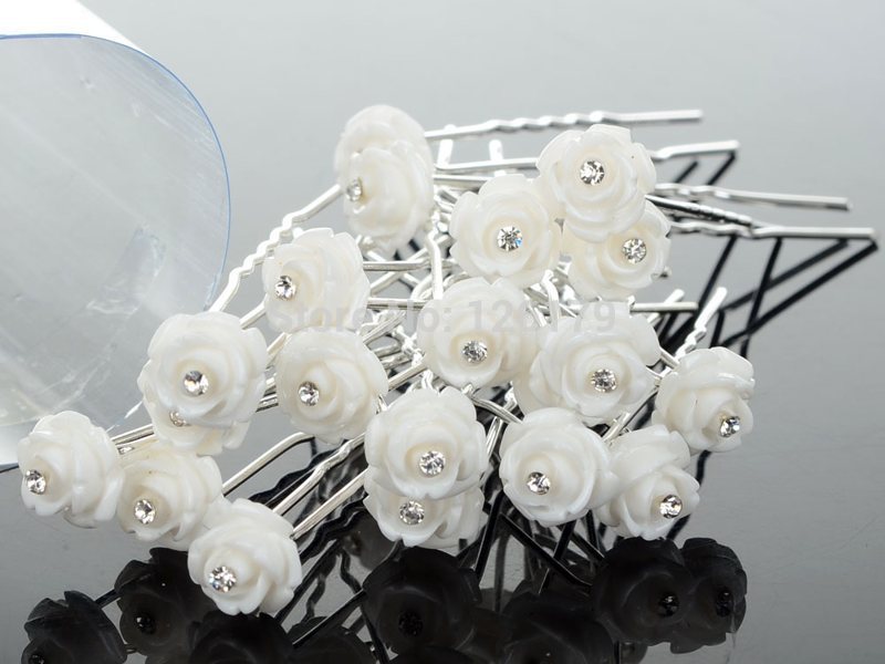 Wholesale 20Pcs Wedding Bridal Crystal White Rose Flower Hairpins U Shape Hair Pins Hair Accessories for
