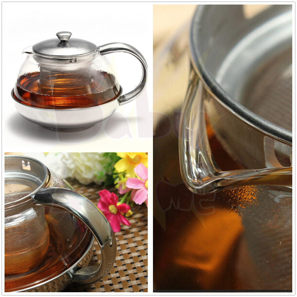 Coffee Tea Stainless Steel Faced Modern Infuser Teapot 600ml Herbal With Filter Heat Resistant Glass