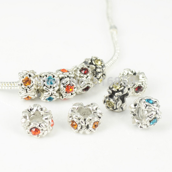 Wholesale 20 Pieces Lots Rhinestone Crystal Antique Silver Plated 11x7mm Rose Spacer Charms Beads Fit Pandora