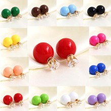 Trendy Lovely Candy Color Pearl Crystal Ball Double Side Studs Earrings 12 Colors