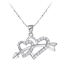 Pure silver platinum cupid arrow double heart pendant necklace