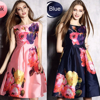 Новое поступление s-2xl рукавов линия платье женщины элегантный мода печать танк платье розовый и синий