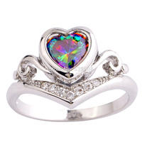 Wholesale Charm Fancy Heart Cut Rainbow Topaz & White Sapphire 925 Silver Ring Size 6 7 8 9 10 Shinning Unisex Fashion Jewelry