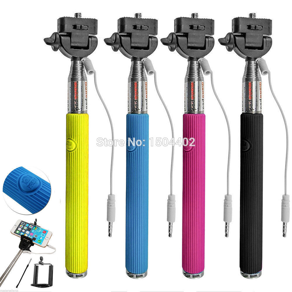 Wired extendable handheld selfie stick monopod built in shutter for iphone samsung smartphone camera