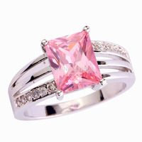 Wholesale Pretty Lady Pink Topaz & White Sapphire Emerald Cut 925 Silver Ring Size 6 7 8 9 10 11 12 Splendide Jewelry Free Ship
