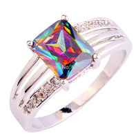 Wholesale Mystic Rainbow Topaz & White Sapphire Emerald Cut 925 Silver Ring Size 6 7 8 9 10 11 12 Splendide Jewelry Free Ship