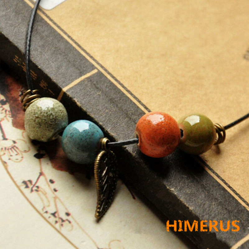 Ethnic Style Pendant Original Handmade Necklace Glazed Ceramic Beads Iridescent Women Jewelry Handicraft