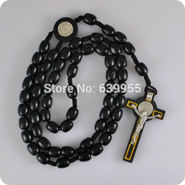 NEW Black wood Rosary Beads INRI JESUS Cross Pendant Necklace Catholic Fashion Religious jewelry