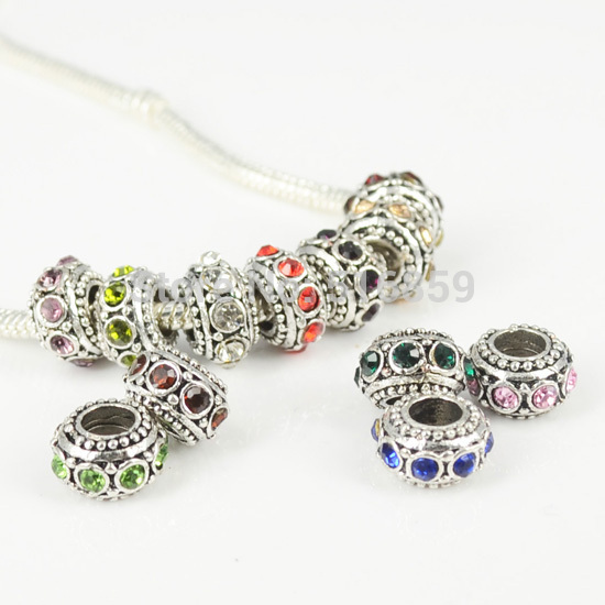 20 Pieces a Lot Multi Crystal Antique Silver Plated 11 x 6mm Spacer Charms Alloy Beads