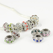20 Pieces a Lot Multi Crystal Antique Silver Plated 11 x 6mm Spacer Charms Alloy Beads Fit Pandora European Bracelets Free Ship