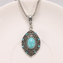 Hot sale Hollow Silver Necklace Ellipse Turquoise Pendants Necklace Vintage Jewlery For Women Free shipping