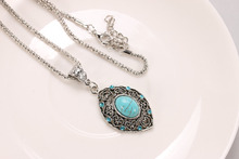 Hot sale Hollow Silver Necklace Ellipse Turquoise Pendants Necklace Vintage Jewlery For Women Free shipping 