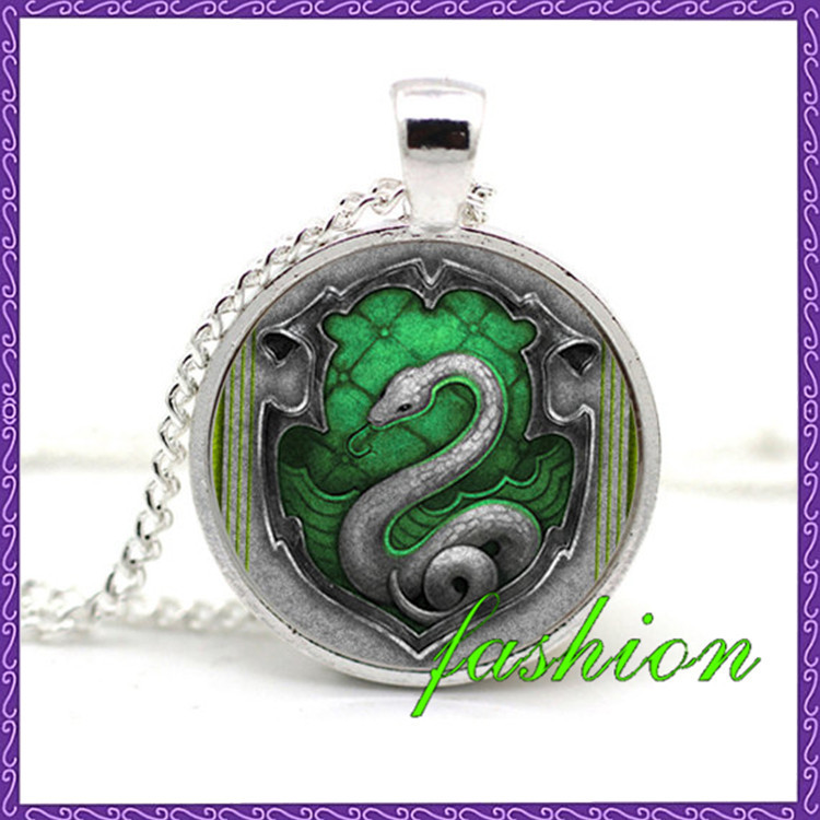 Harry Potter Slytherin House Crest Necklace Europe and America badge green snake pendant necklace Round Glass