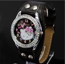 2015 New Hello Kitty Watches Fashion Ladies Quart Watch Vintage Kids Cartoon Wristwatches Analog King Girl