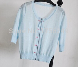 2015 New Spring summer v neck fashion Cropped sleeves slim sweater linen cotton Thin zipper women
