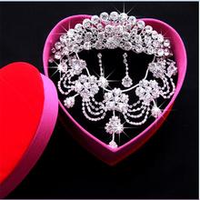NEW Crystal Brides Act the Role ofing is Tasted Three Suits Necklace Earrings Crown Wedding Jewelry Marriage Gauze Accessorie
