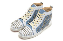 High quality real 100 genuine leather sneakers for women fashion rivet spikes blue punk Casual 100