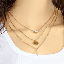 New Fashion Multi 3 Layers Chain Necklace Coins Crystal Long Strip Pendant Gold Plated Necklaces Jewelry