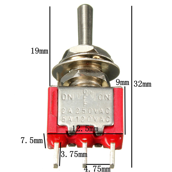 NEW Red 3 Pin ON OFF ON 3 Position SPDT Mini Toggle Switch AC 6A 125V
