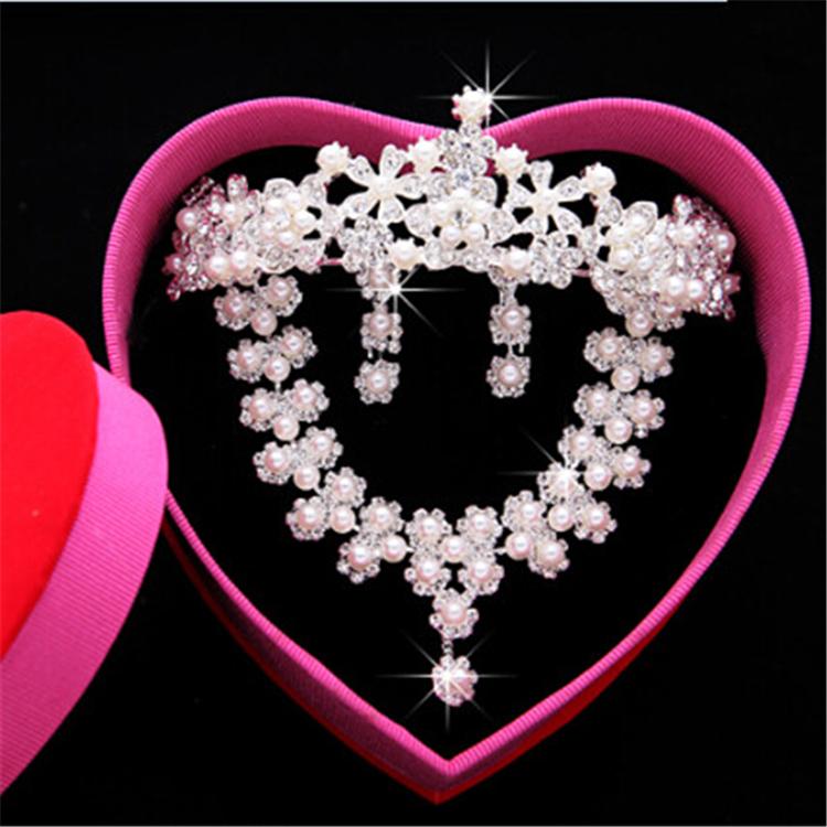 2015 new Korean Pearl fashion Jewelry sets Bride Crown Bridal Necklace Three piece Suit Marriage Gauze