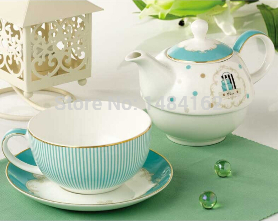 2015 New Arrival Gift Set Vintage Blue Stripes Pattern Bone China Gold Edge Tea and Coffee
