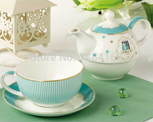 2015 New Arrival Gift Set Vintage Blue Stripes Pattern Bone China Gold Edge Tea and Coffee Set Teapot and Cup for 1 Person