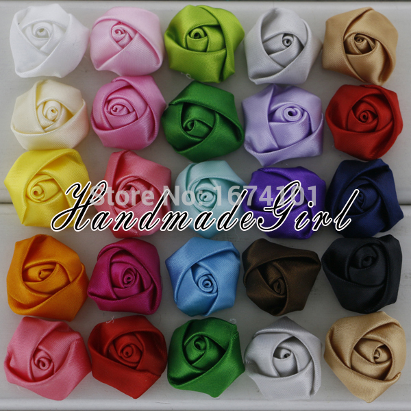 2 CM Boutique Handmade Satin Rolled Ribbons Rose Flowers Hair Accessories Satin Fabric Rosettes Flat Back