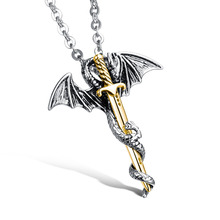 Punk Rock Dragon & Sword Men Necklace Cool Gold/Silver Stainless Steel Long Chain Men Jewelry Necklace Charm Accessory,JW937J